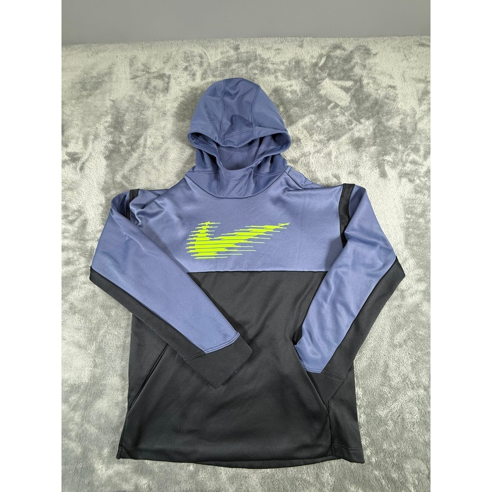 Nike Dri Fit Boys Hoodie Pullover Blue Neon Green Athletic Gym Sportswear Size L - Picture 2 of 6